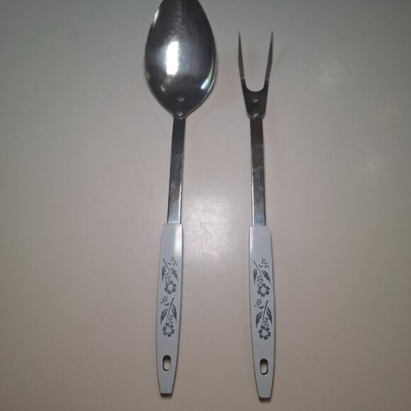 Blue Cornflower Utensils Stainless Steel Metal 1970s Serving Spoon Fork Pair - Picture 8 of 8